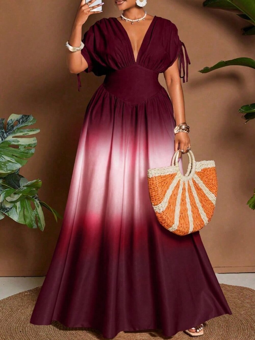 Multicolor Casual Women's Tropical Gradient Plus Size V-Neck Dress